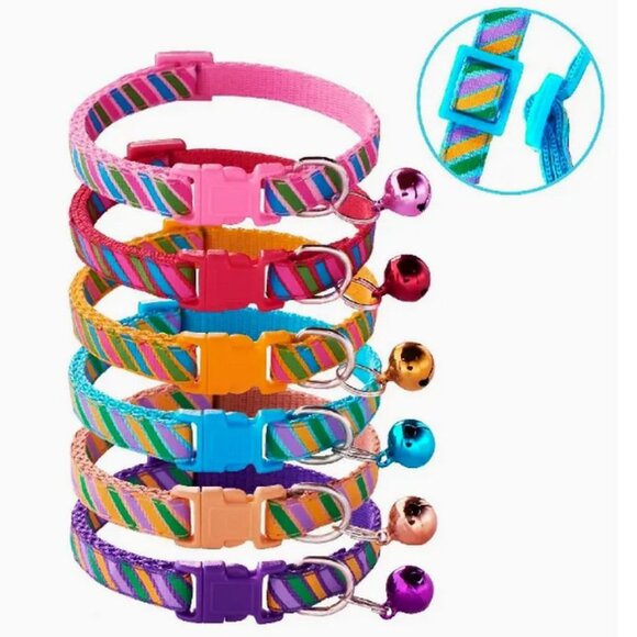 Marlee Candy Stripe Khaki Green Purple Bell Cat Collar with Toys Gift Packaged - Picture 2 of 9